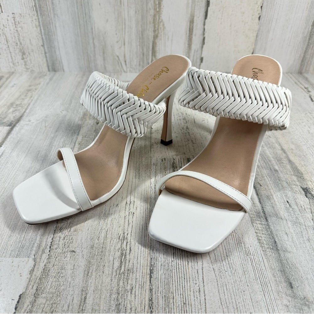 CHASE + CHLOE Amelie Woven‎ Sandal In White Pu Stiletto Party Prom Wedding